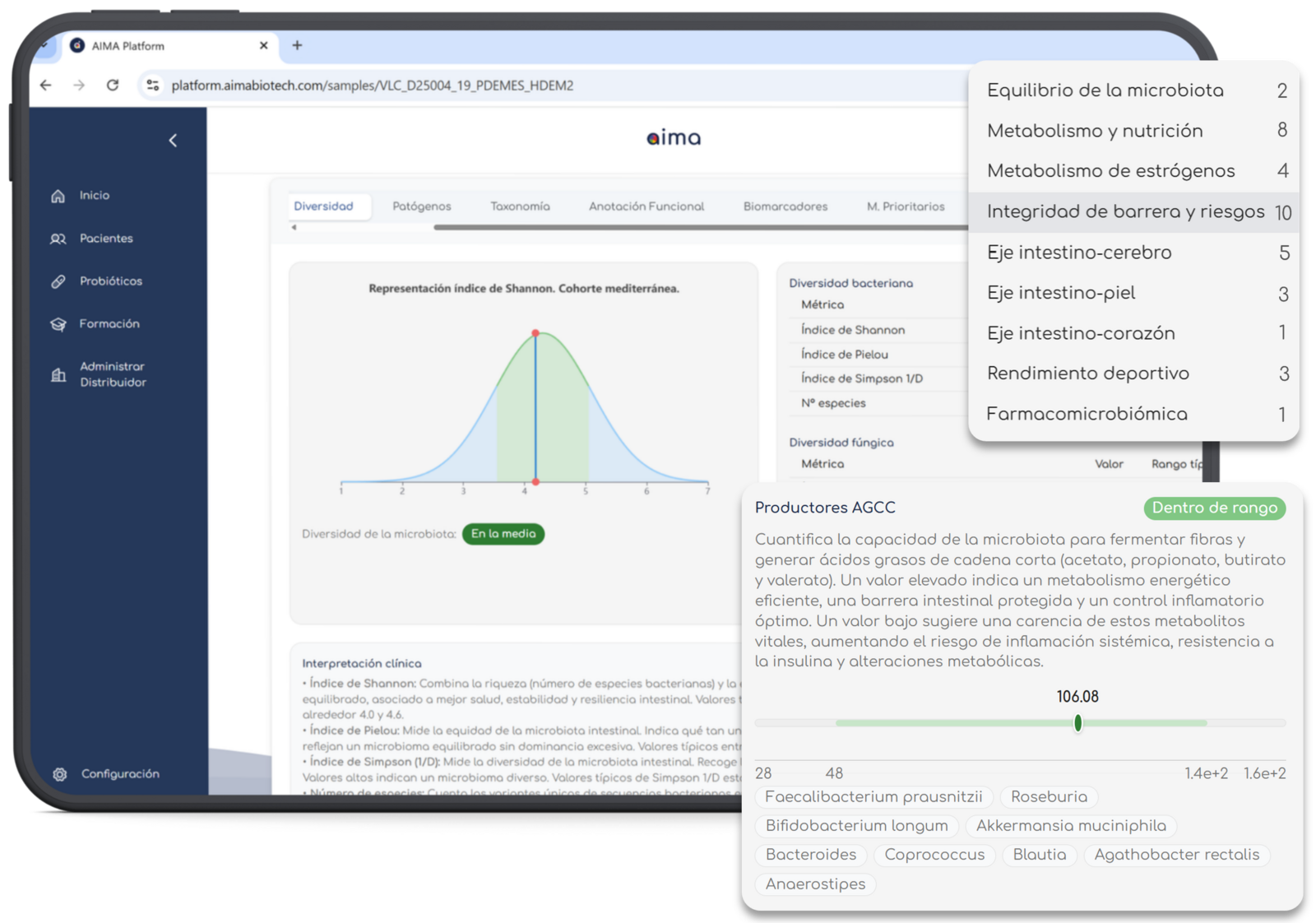 Interfaz de la plataforma AIMA: informes y seguimiento del microbioma